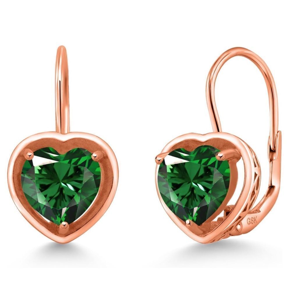 18K Rose Gold 925 with 2.00 Cttw 7MM Emerald Heart Leverback Drop Earrings